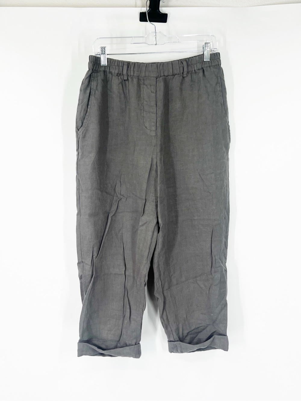 Grizas High Rise Pull-On Cuffed 100% Linen Cropped Pants Gray